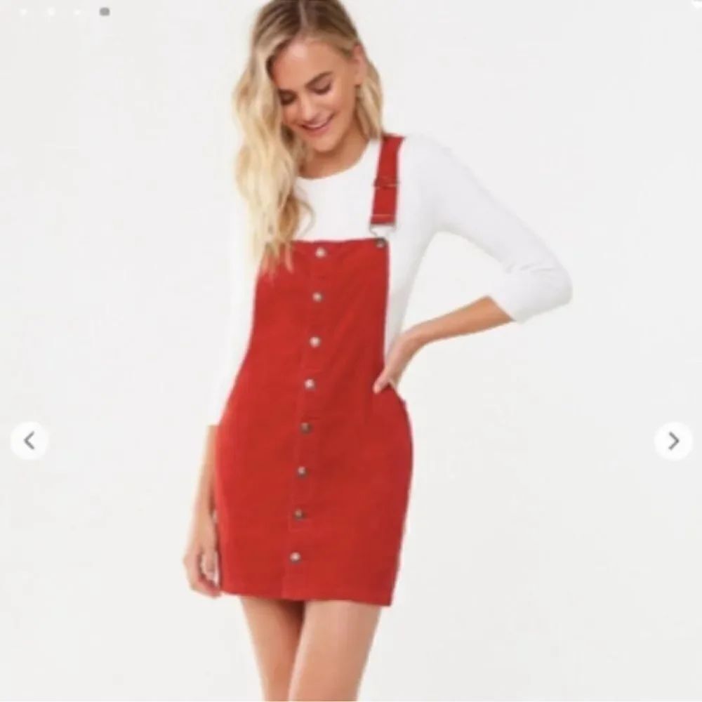 F21 S RustโBrick Woven Corduroy Overall Button Front MiniโDress
